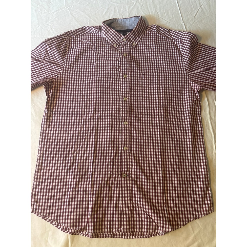 Tommy Hilfiger Gingham Button Down Mens L Burgundy Classic Fit Long Sleeve